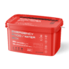 a red container with white text